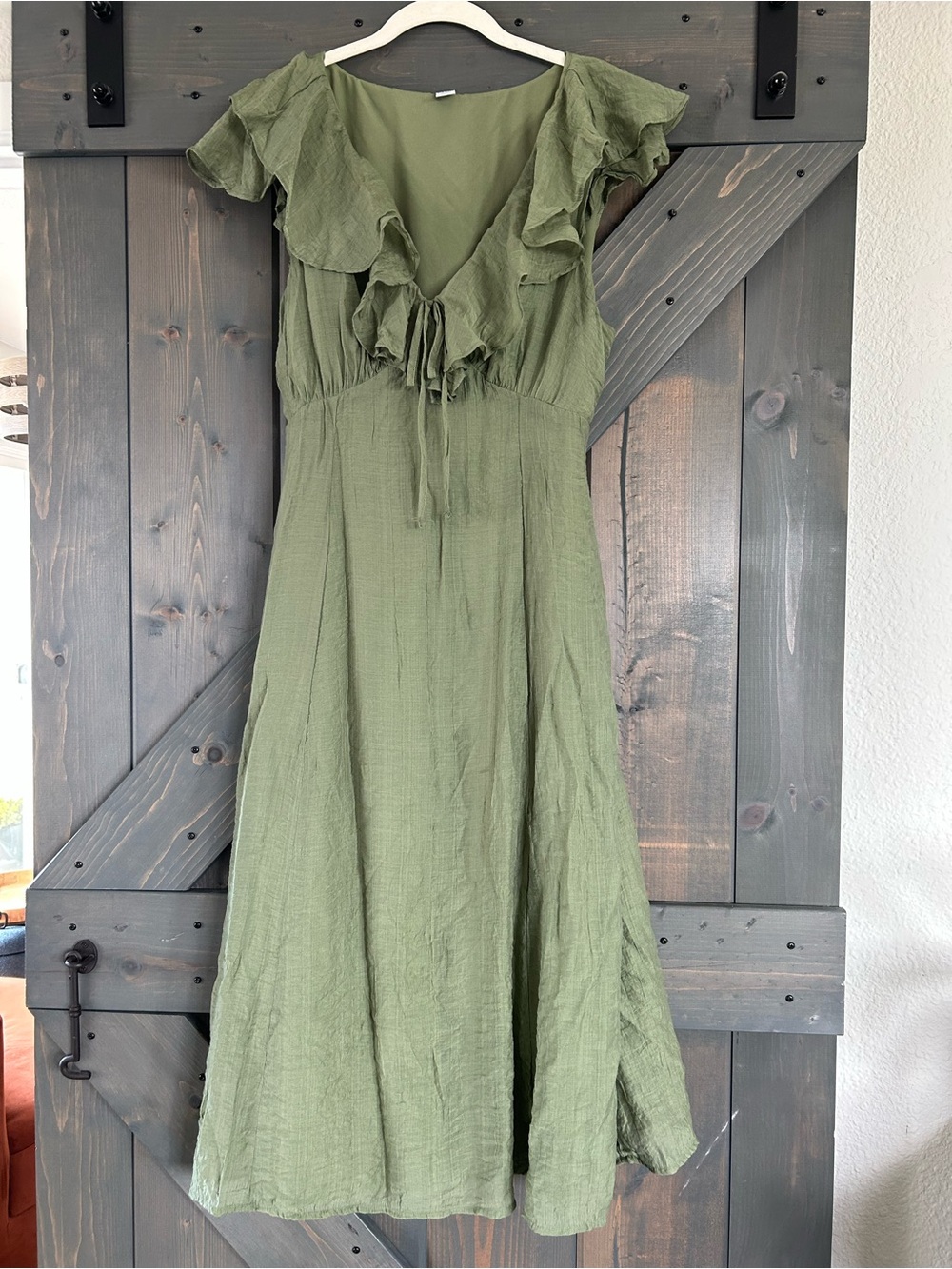 Old Navy Olive Green Midi Dress with Ruffle V-Neck